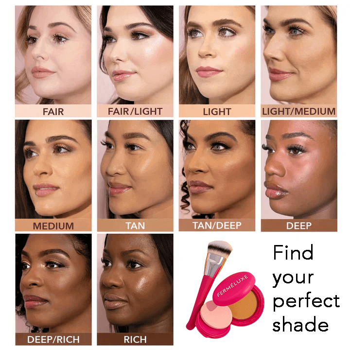 FerméLuxe Peptide Bounce Foundation met Kwast - verschillende huidtint voorbeelden voor het vinden van de perfecte schaduw.
