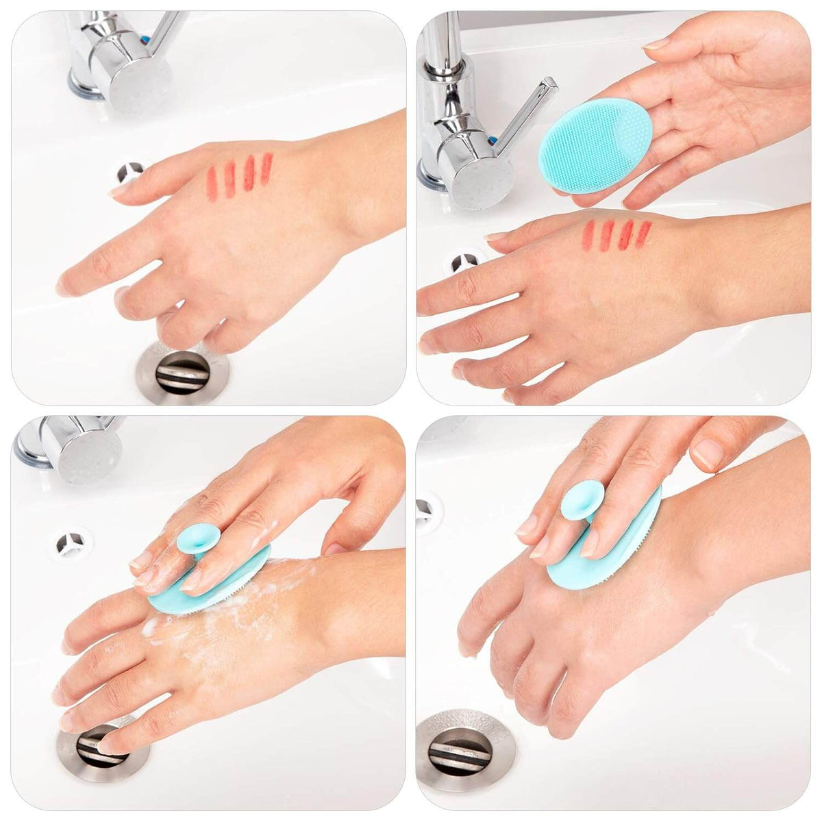 DermaScrub – Siliconen Gezichtsreiniger in gebruik, toont reinigingsproces op handen met siliconen gadget.
