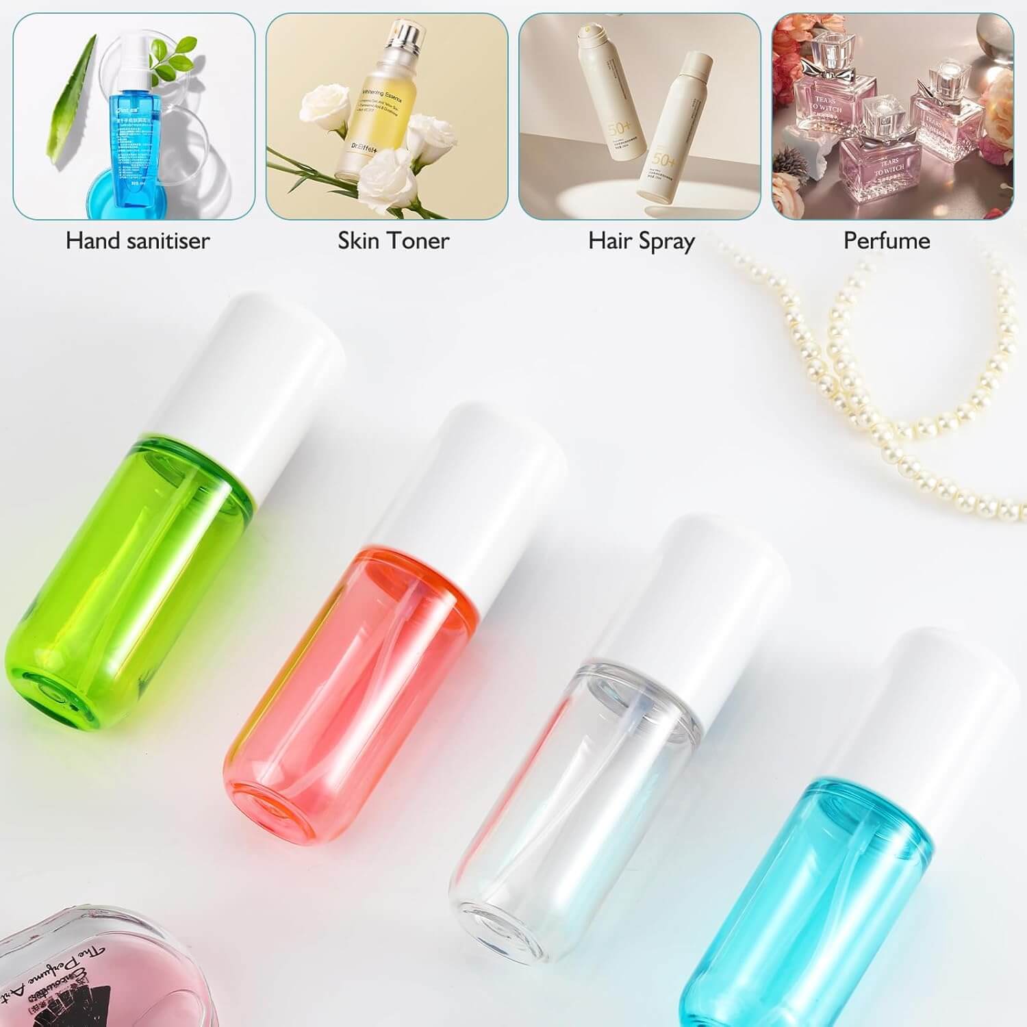 TravelMist – Navulbare Mini Sprayflesjes in verschillende kleuren voor parfum, gezichtsmist en desinfectiemiddel.