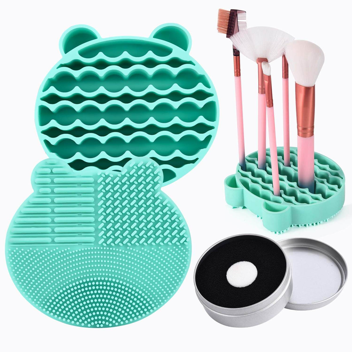 CleanMat – Siliconen Make-upborstelreiniger met borstels en reinigingsmat in turquoise.