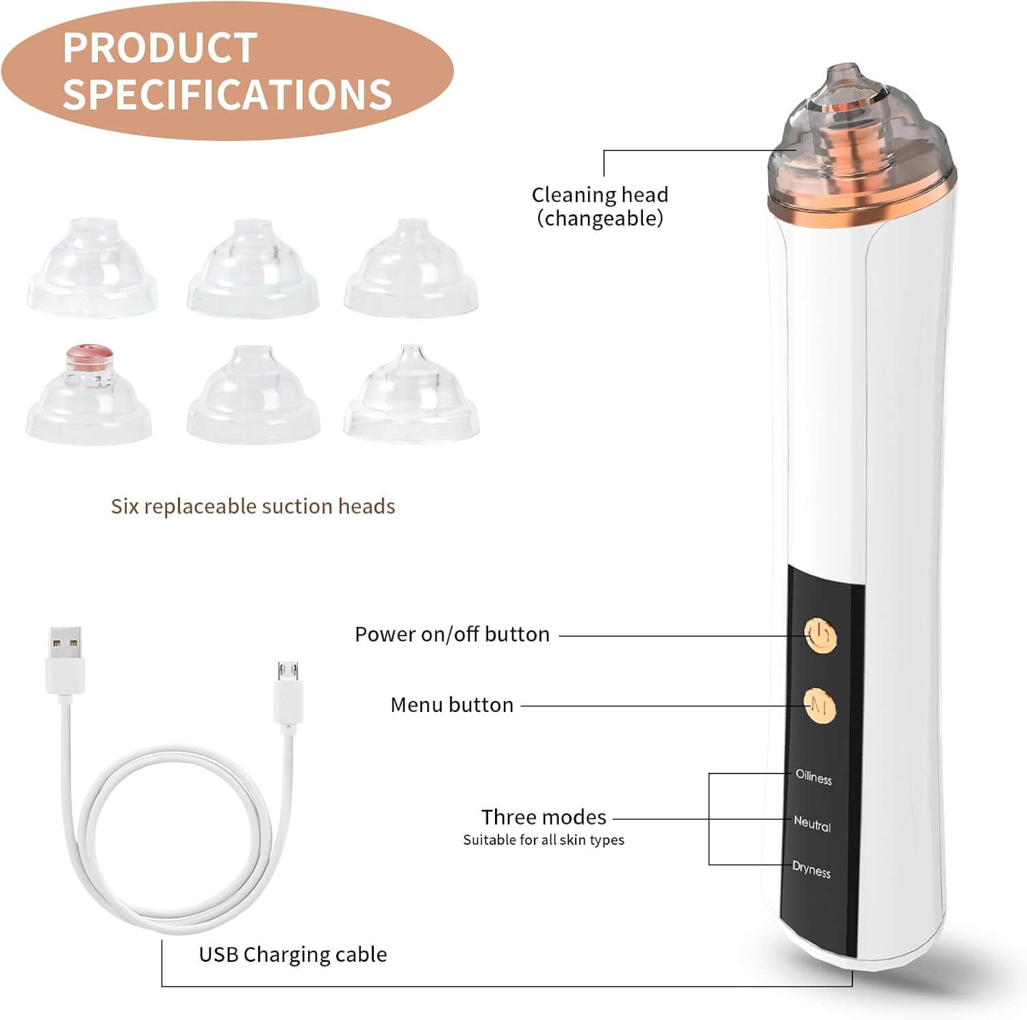 DermaClear – Elektrische Poriënreiniger product specifications with six replaceable suction heads and USB charging cable.