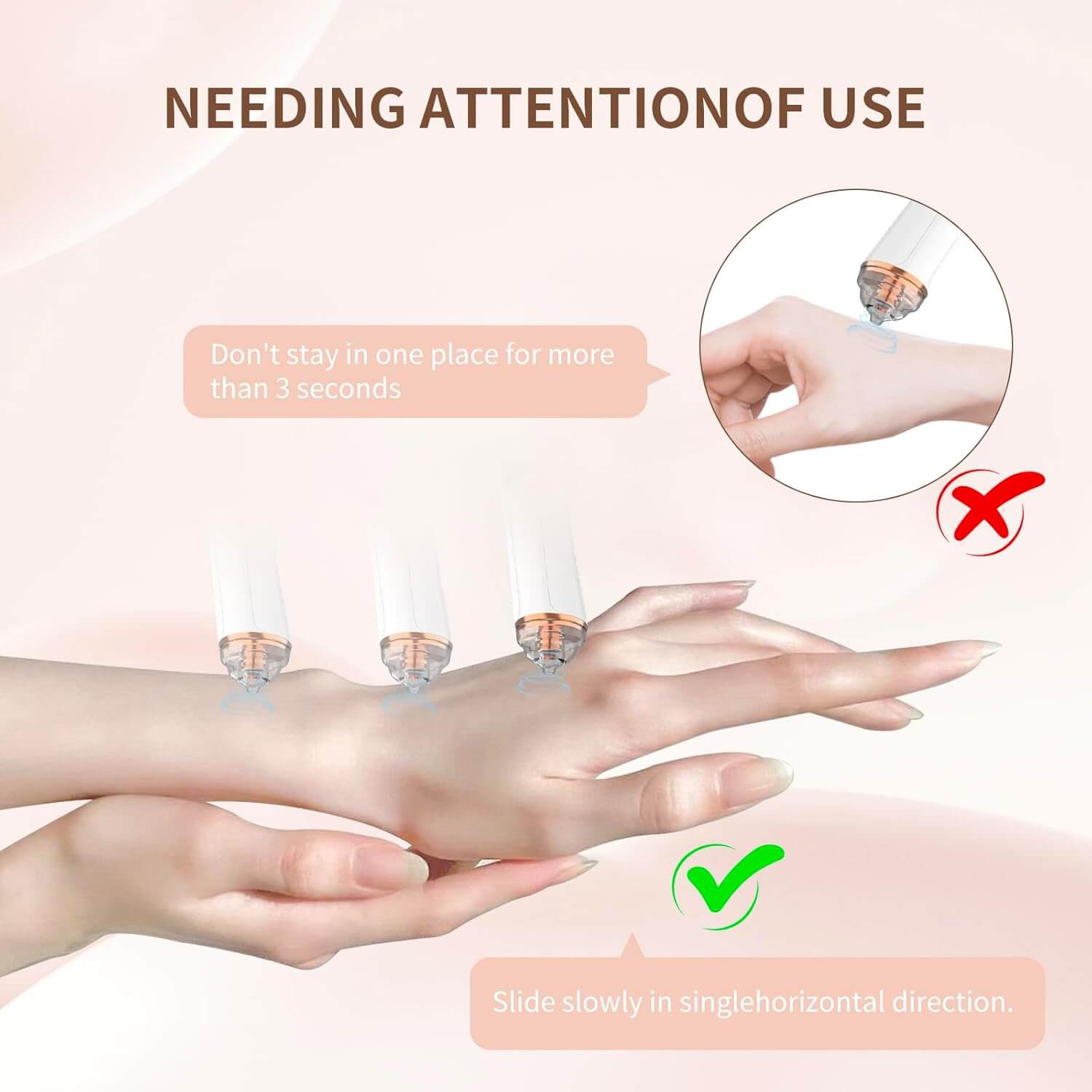 DermaClear – Elektrische Poriënreiniger instructies voor gebruik met hand en apparaat.