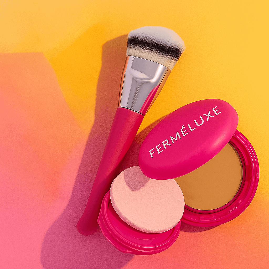 FerméLuxe Peptide Bounce Foundation met Kwast en make-up accessoires op een kleurrijke achtergrond.