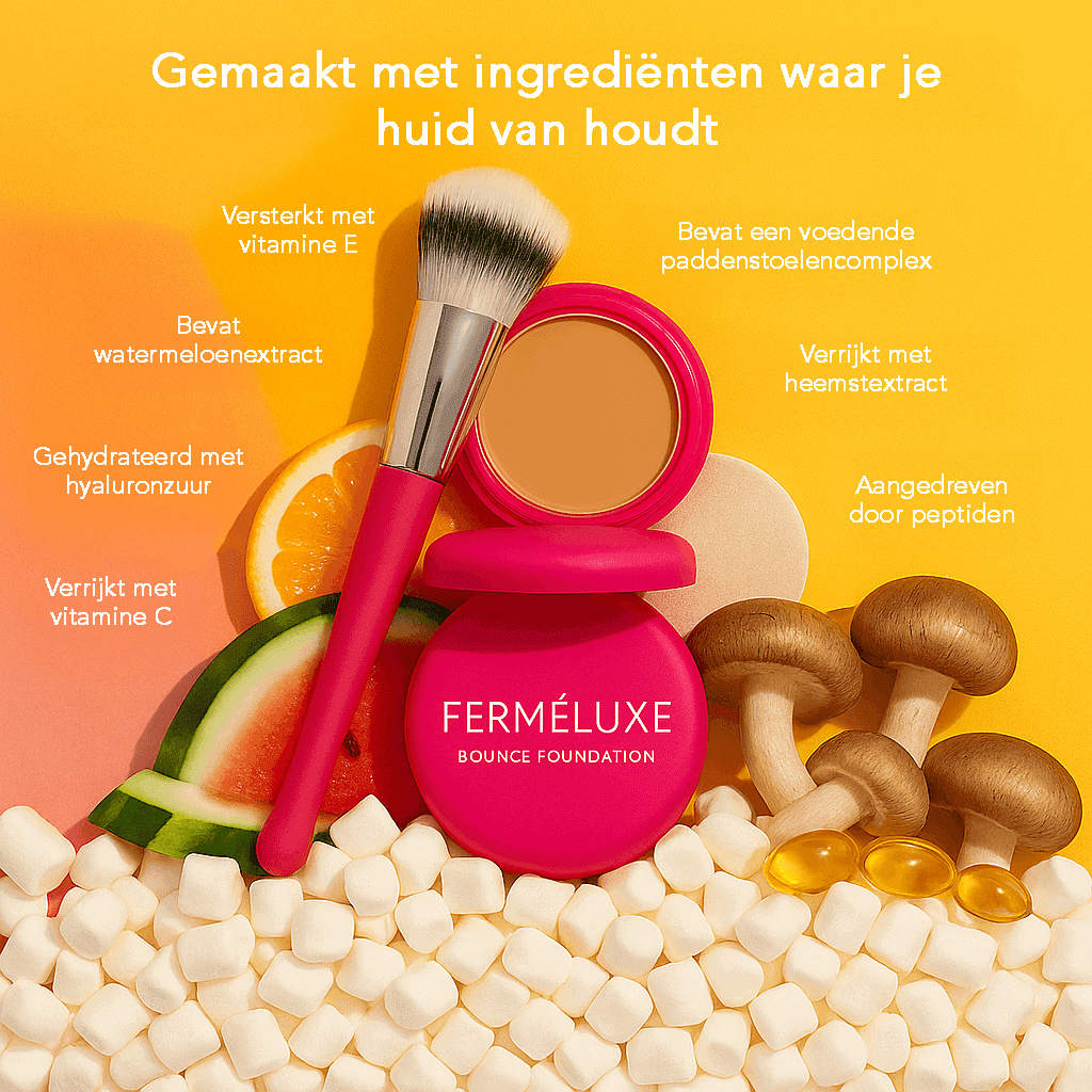 FerméLuxe Peptide Bounce Foundation met Kwast met ingrediënten zoals watermeloenextract en vitamine C.