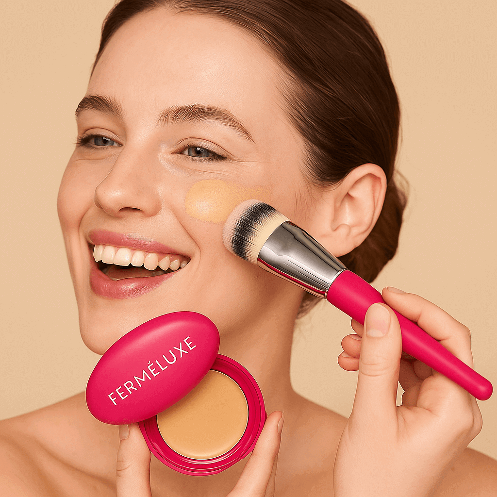 FerméLuxe Peptide Bounce Foundation met Kwast op een vrouw, die een stralende huid en make-up toepast.