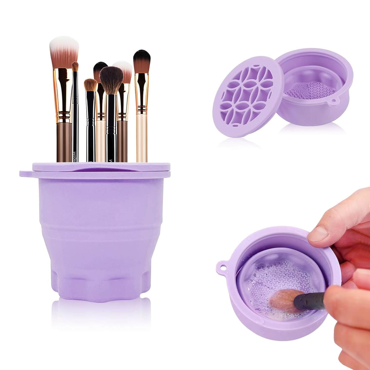 FoldClean portable, foldable makeup brush cleaner and organizer in purple silicone design.