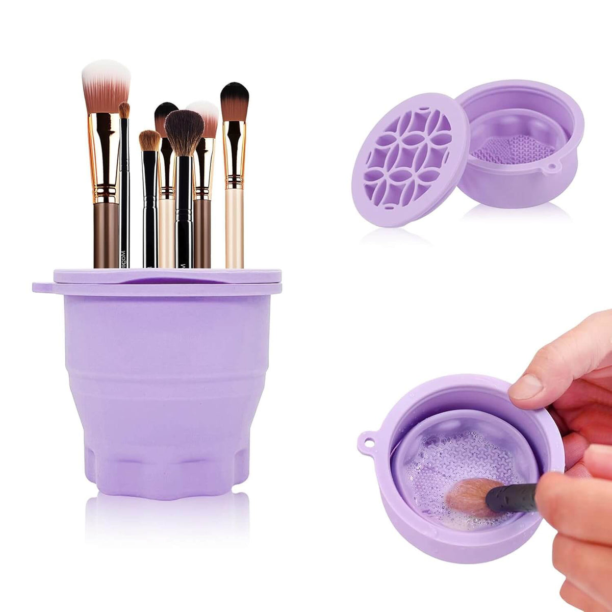 FoldClean portable, foldable makeup brush cleaner and organizer in purple silicone design.