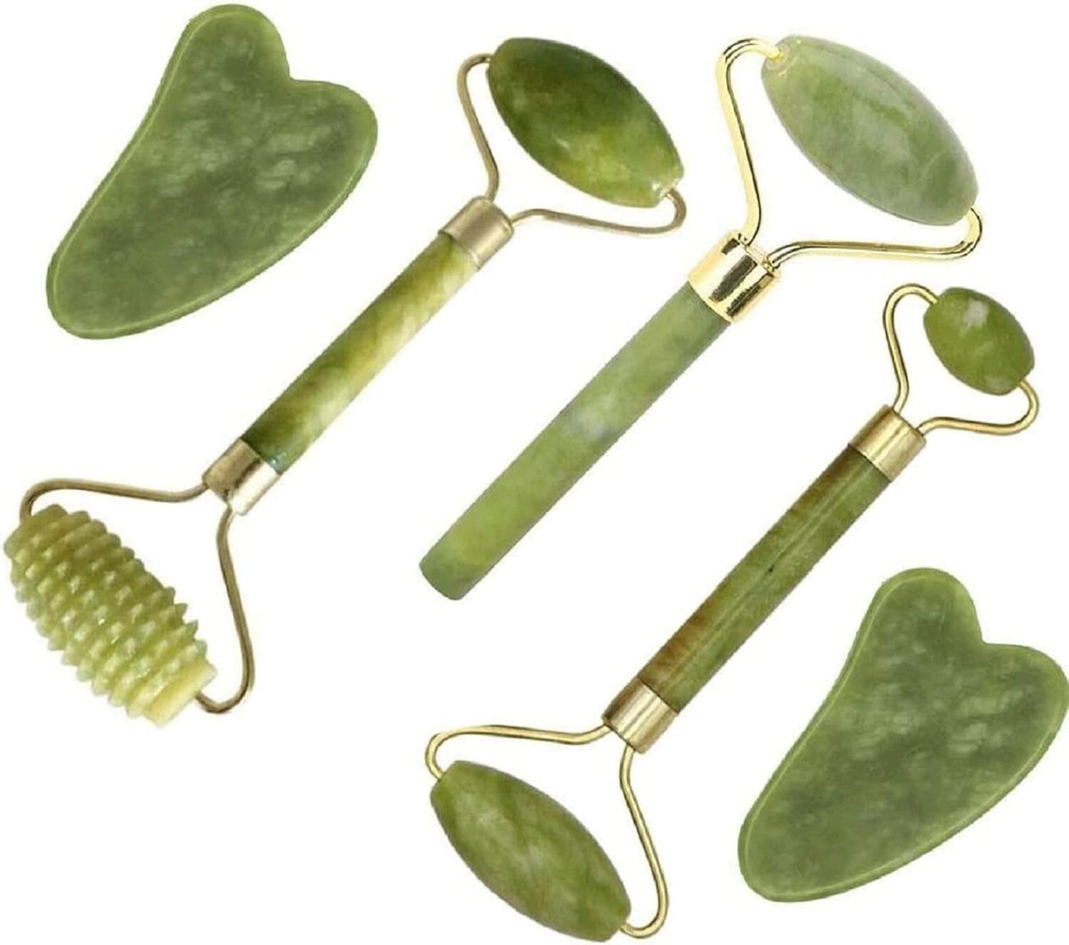 Jade Roller – Gezichtsmassager set met jade rollers en guasha-tools voor huidverzorging.