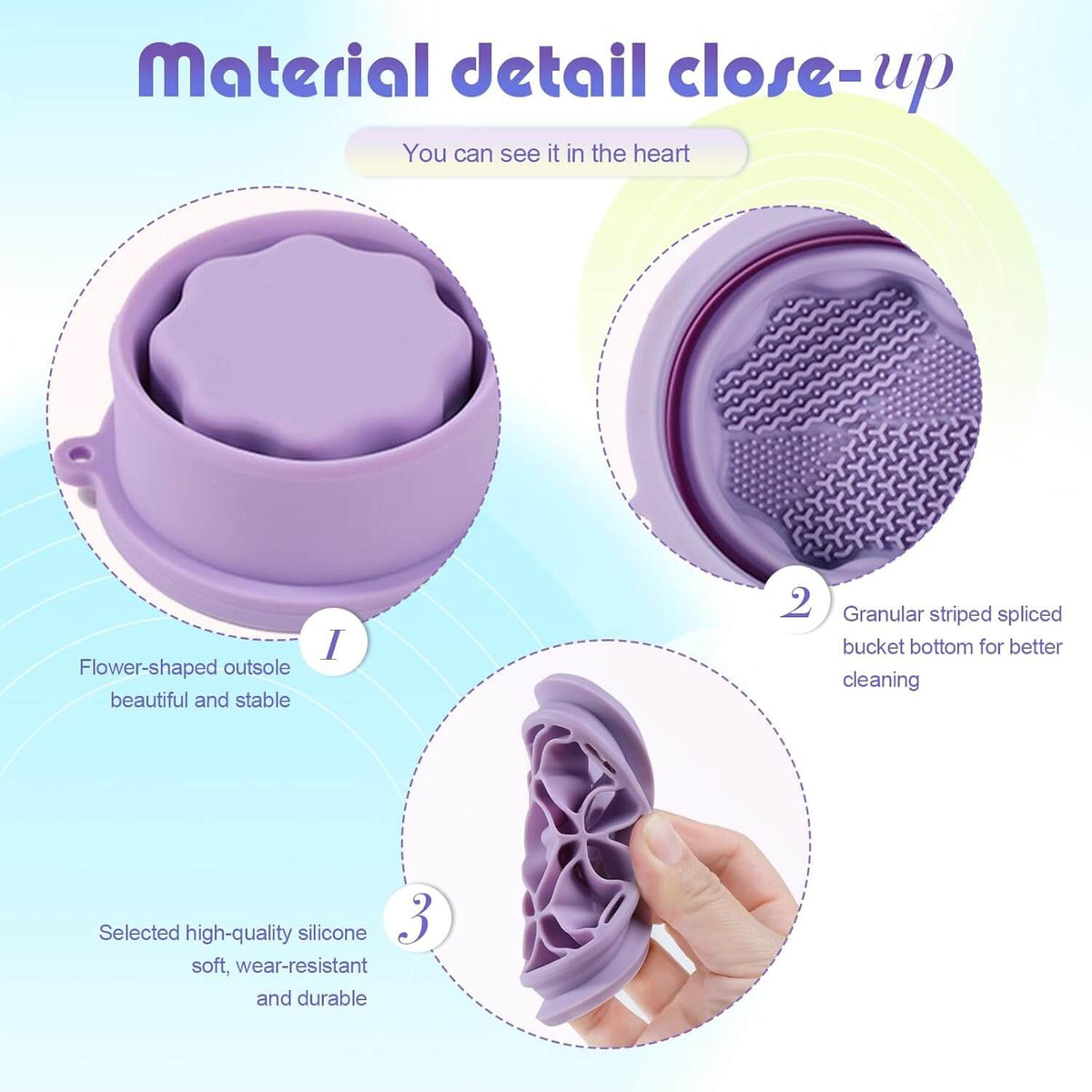 Close-up of Jovyx FoldClean's premium silicone material detail, showcasing flower shape and textures for effective cleaning.