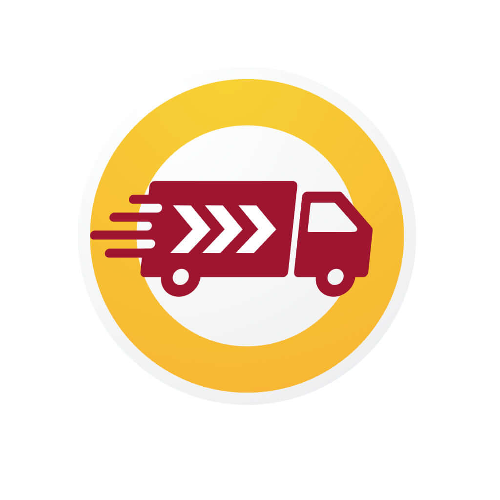 Prioritaire verzending icon with a fast delivery truck design in a circular badge.