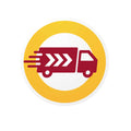 Prioritaire verzending icon with a fast delivery truck design in a circular badge.